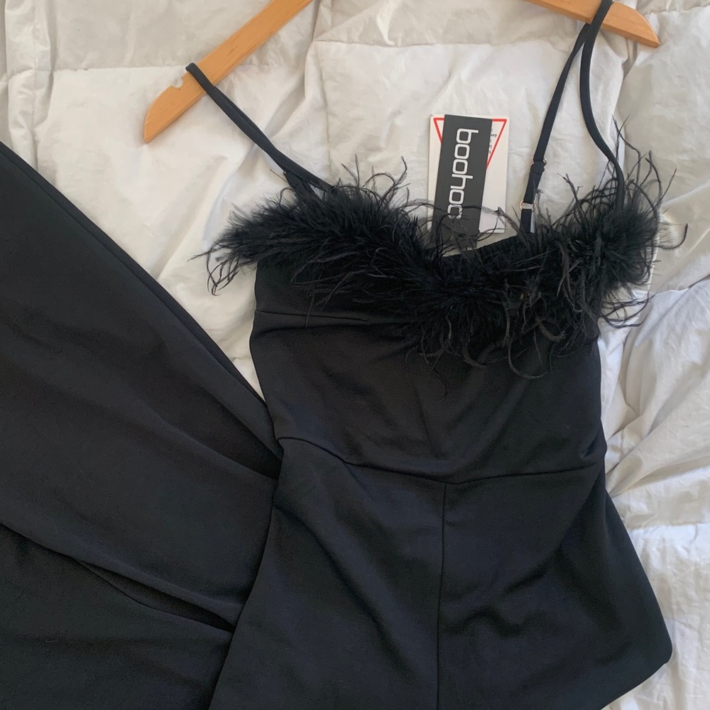 NWT Boohoo Black Strappy Wide Leg Jumpsuit with Feather Detail